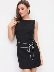 Boat Neck Contrasting Binding Knotted A-line Mini Dress