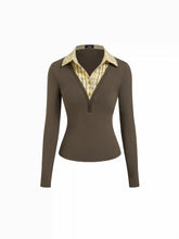 Cotton-blend Plaid Collar Long Sleeve Two Tone Top