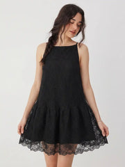 Cotton-blend Lace Boat Neck A-line Ruffle Hem Mini Dress