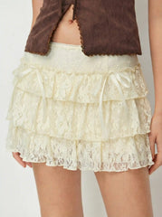 Lace Low Rise Bowknot Ruffle Layered Mini Skort