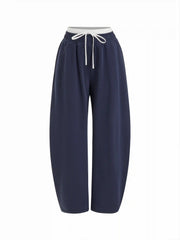 Cotton-blend Mid Rise Colorblock Drawstring Barrel-leg Trousers