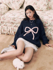 Knit Crochet Round Neckline Bowknot Oversized Chunky Sweater