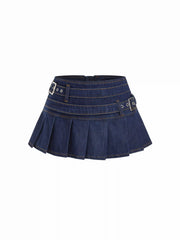 Denim Low Rise Pleated Metal Detail Micro Mini Skirt