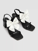 BOWKNOT SQUARE TOE CHUNKY HEELED SANDALS