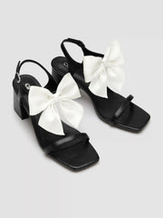 BOWKNOT SQUARE TOE CHUNKY HEELED SANDALS