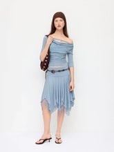 Cowl Neck Ruched Middle Sleeve Top & Mid Rise Belted Asymmetrical Hem Midi Skirt Set
