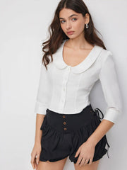 Cotton-blend Peter Pan Collar Middle Sleeve Blouse