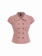 Cotton-blend Gingham Peter Pan Collar Puff Sleeve Double Breasted Blouse