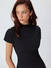 High Neck Ruched Metal Button Short Sleeve Top