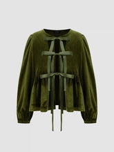 Velvet Tie Front Bow Oversized Long Sleeve Blouse