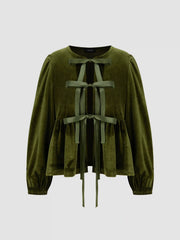 Velvet Tie Front Bow Oversized Long Sleeve Blouse