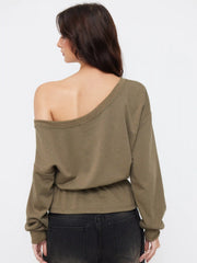 Cotton-blend Asymmetrical Neck Drawstring Cinched Waist Oversized Sweatshirt