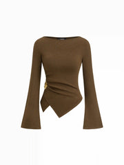 Cotton-blend Boat Neck Metal Detail Ruched Asymmetrical Hem Top