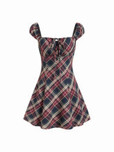Cotton Plaid Square Neck Puff Sleeve Mini Dress