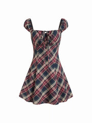Cotton Plaid Square Neck Puff Sleeve Mini Dress
