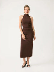 Jersey Halter Neck Ruched Zipper Maxi Dress