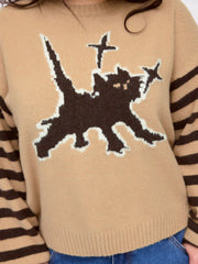 Knit Round Neckline Cat Striped Oversized Top Curve & Plus