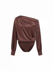 Satin Asymmetrical Neck rRuched Blouse Bodysuit