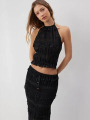 Jacquard Textured Ruffled Top & Mid Rise Bodycon Maxi Skirt Set