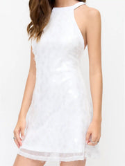 Sequin Halter Neckline Bowknot Criss Cross Backless A-line Mini Dress