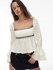 Jacquard Square Neck Bell Sleeve Lace Floral Ruffled Peplum Top