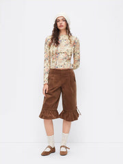 High Neck Floral Lettuce Trim Long Sleeve Top