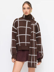 Knit Wool-blend Check Round Neckline Long Sleeve Top With Scarf