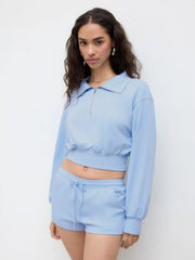 CDR Cotton-blend Collar Half Zip Crop Top & Low Rise Drawstring Micro Shorts Set