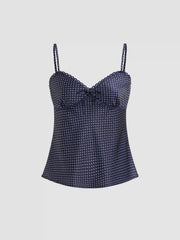 Sweetheart Neckline Polka Dot Lace Trim Knotted Cami Top