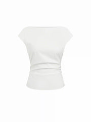 Linen-blend Boat Neck Ruched Cut Out Tie Back Top