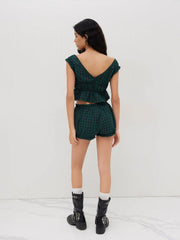 Cotton-blend Tartan Tank Top & Low Rise Tartan Bowknot Bloomer Shorts