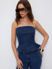 Stretch Denim Strapless Peplum Hem Bandeau Top