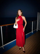 Halter Neckline Backless Split A-line Maxi Dress