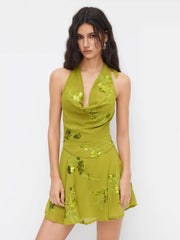 Chiffon Halter Neckline Sequin Floral Mini Dress