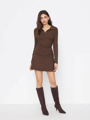 Polo Neck Drawstring Ruched Long Sleeve Mini Dress