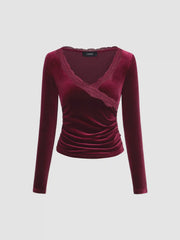 Velvet V-neck Solid Lace Ruched Long Sleeve Top