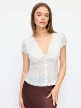 Eyelet V-neck Lace Trim Short Sleeve Blouse