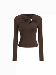 Round Neckline Asymmetrical Twist Metal Detail Top