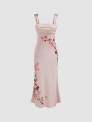 Satin Square Neck Floral Ruched Mermaid Maxi Dress