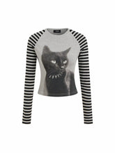Cotton-blend Cat Graphic Striped Round Neckline Long Sleeve Tee
