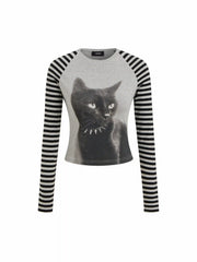 Cotton-blend Cat Graphic Striped Round Neckline Long Sleeve Tee