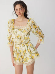 Chiffon Fruit Graphic Square Neck Lantern Sleeve Lace Romper
