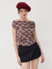 Off-shoulder Tartan Ruched Crop Top