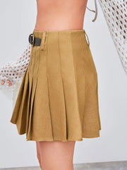 Woven Mid Rise Solid Belted Pleated Mini Skirt