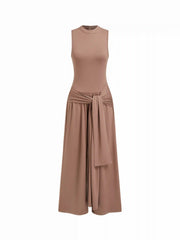 High Neck Tie Waist Draped Wide Leg Jumpsuit