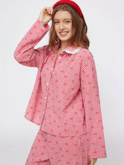 Cotton-blend Gingham Broderie Anglaise Oversized Top & High Rise Lettuce Trim Wide Leg Trousers Loungewear Set