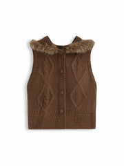 Knit Hooded Cable Knit Faux Fur Button Sweater Vest