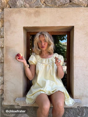 Cotton-blend Lace Trim Bowknot Puff Sleeve Mini Babydoll Dress