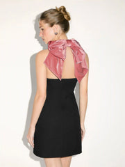 Velvet Halter Neckline Bowknot Zipper Mini Dress