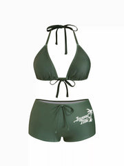 Halter Neckline Triangle Top & Mid Rise Letter & Tropical Graphic Shorts Bikini Set Curve & Plus